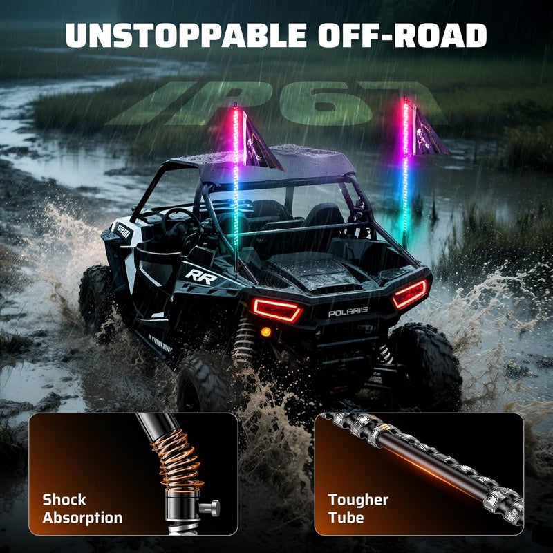 Ehaho 1 PC 5FT Whip Lights with Spring Base, APP & Remote Control Led Whip Lights for Side by Side, Spiral RGB Chasing Lighted Whips with Rocker Switch, Music Led Whips for UTV ATV RZR SXS Can-Am - Image 3